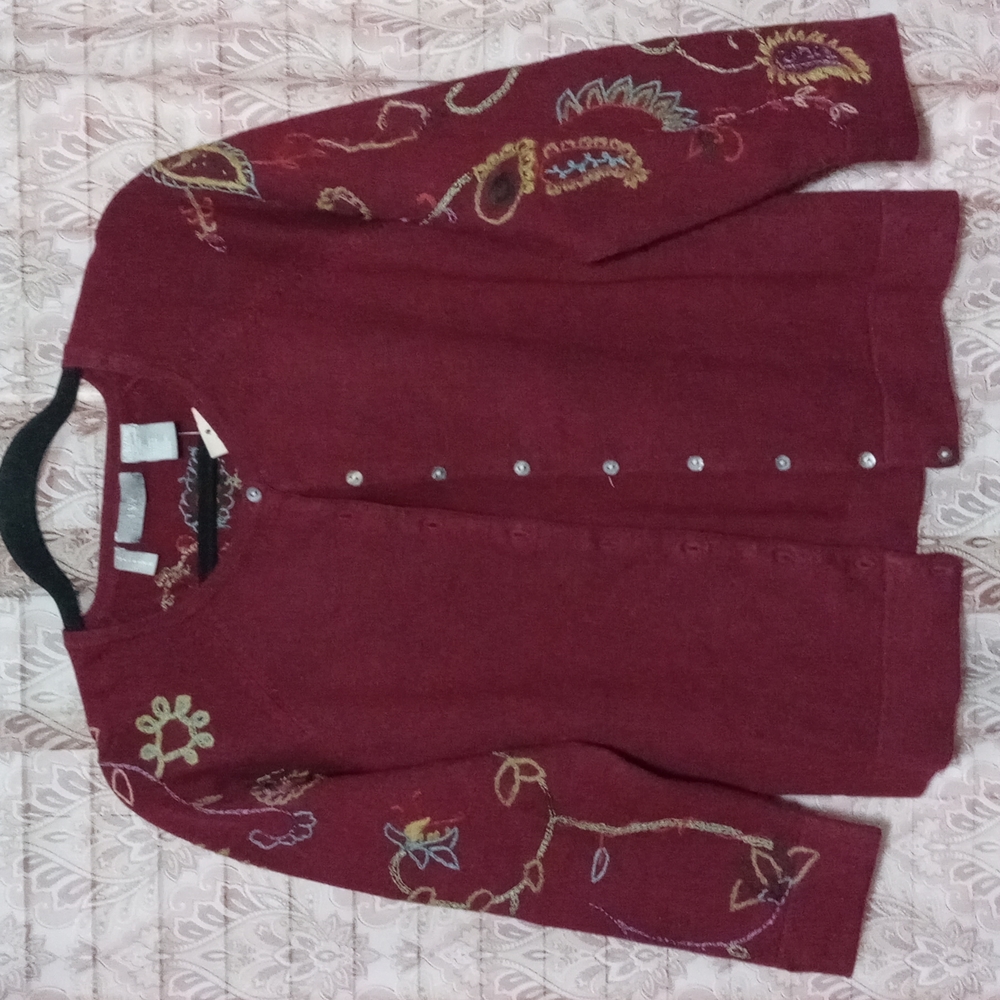 Deep Red Burgundy I.V.Y embroidered cardigan Size XL